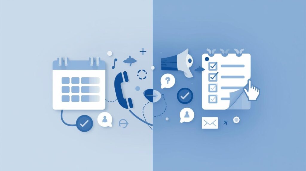 Minimal editorial illustration for a business comparison article, abstract phone call icons flowing into a calendar and checklist,